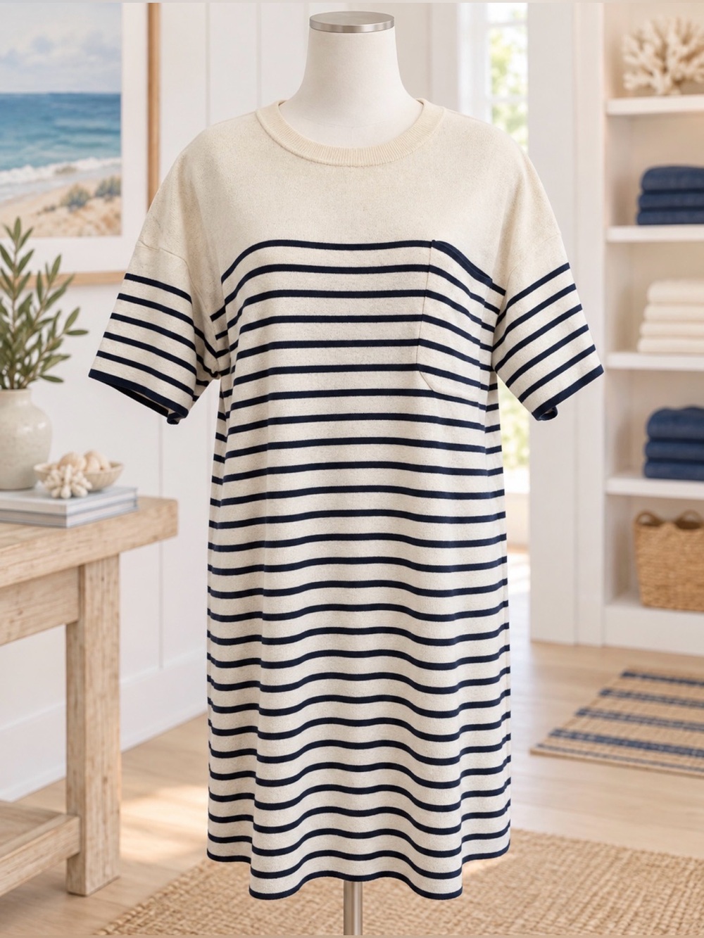 Tuckernuck Cream and blue striped cotton dress size m